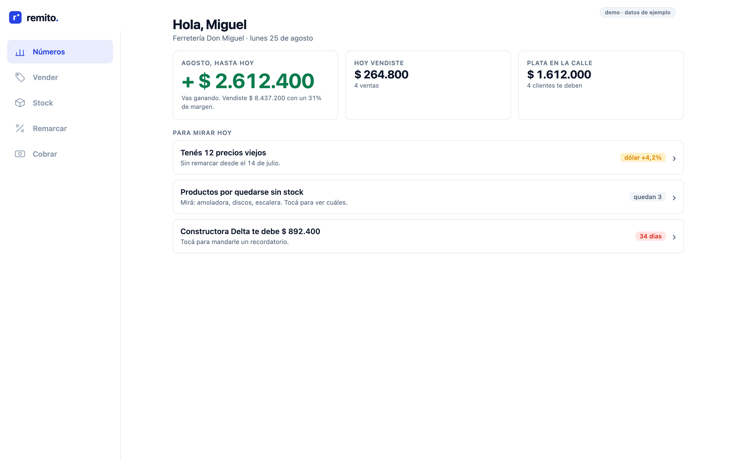 Remito en la computadora: tus números del mes, ventas de hoy y plata en la calle