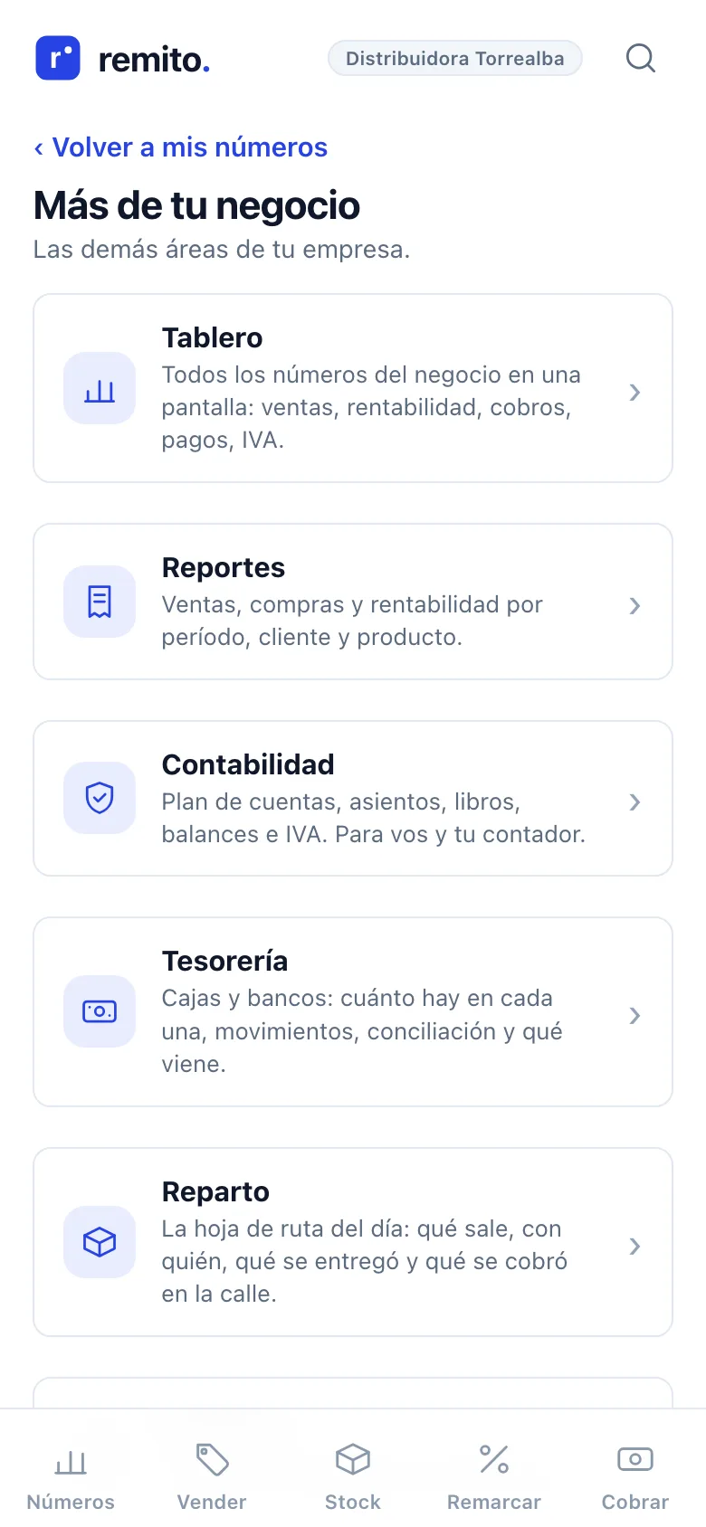 Pantalla Más de Remito: tablero, reportes, contabilidad, tesorería, reparto, compras, cheques, fichas, inventario y administración