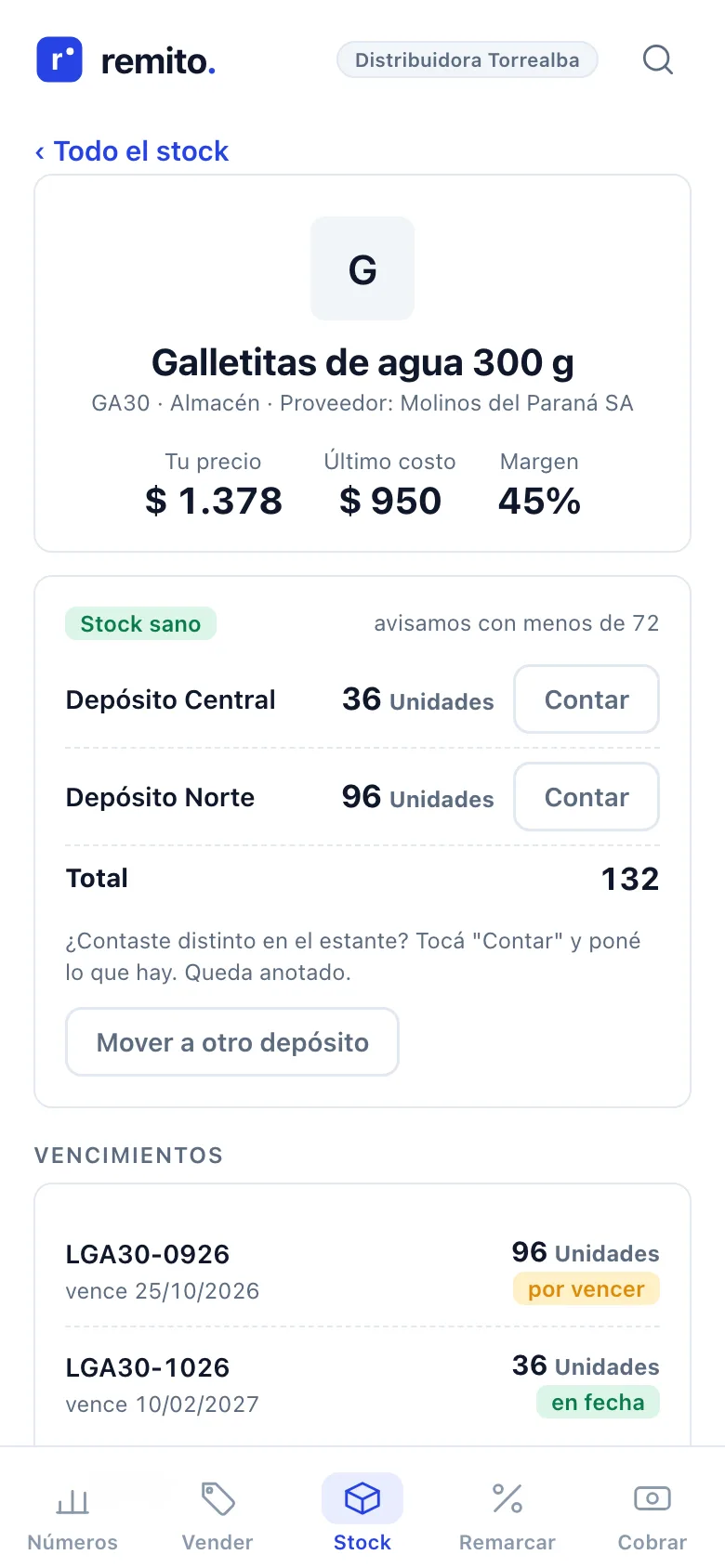 Ficha de stock de un producto en Remito: unidades en cada depósito, lotes con vencimiento y últimos movimientos