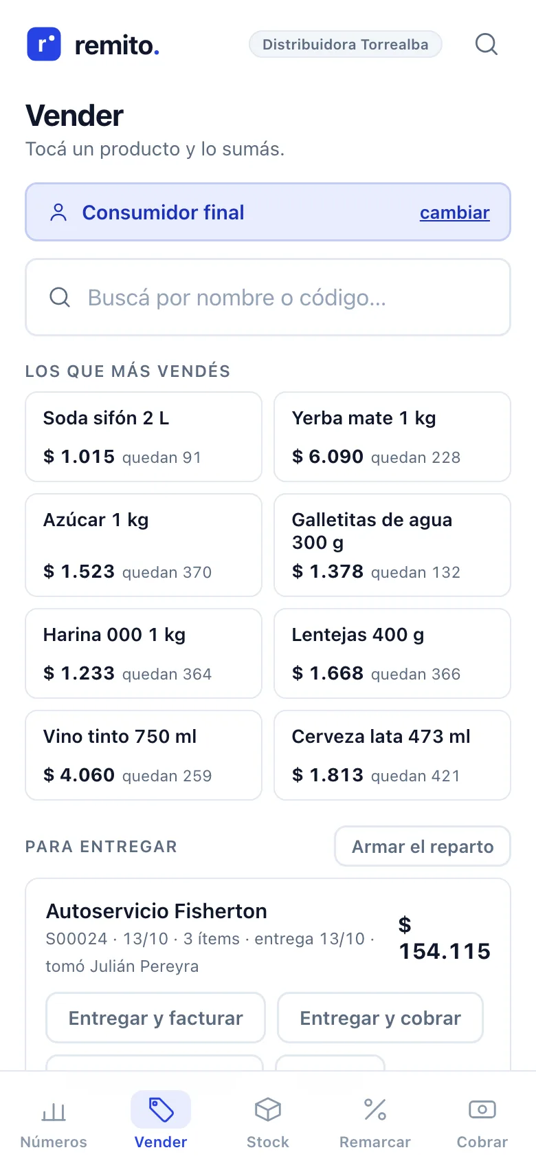 Pantalla Vender de Remito: productos más vendidos y la lista Para entregar con los pedidos de preventa